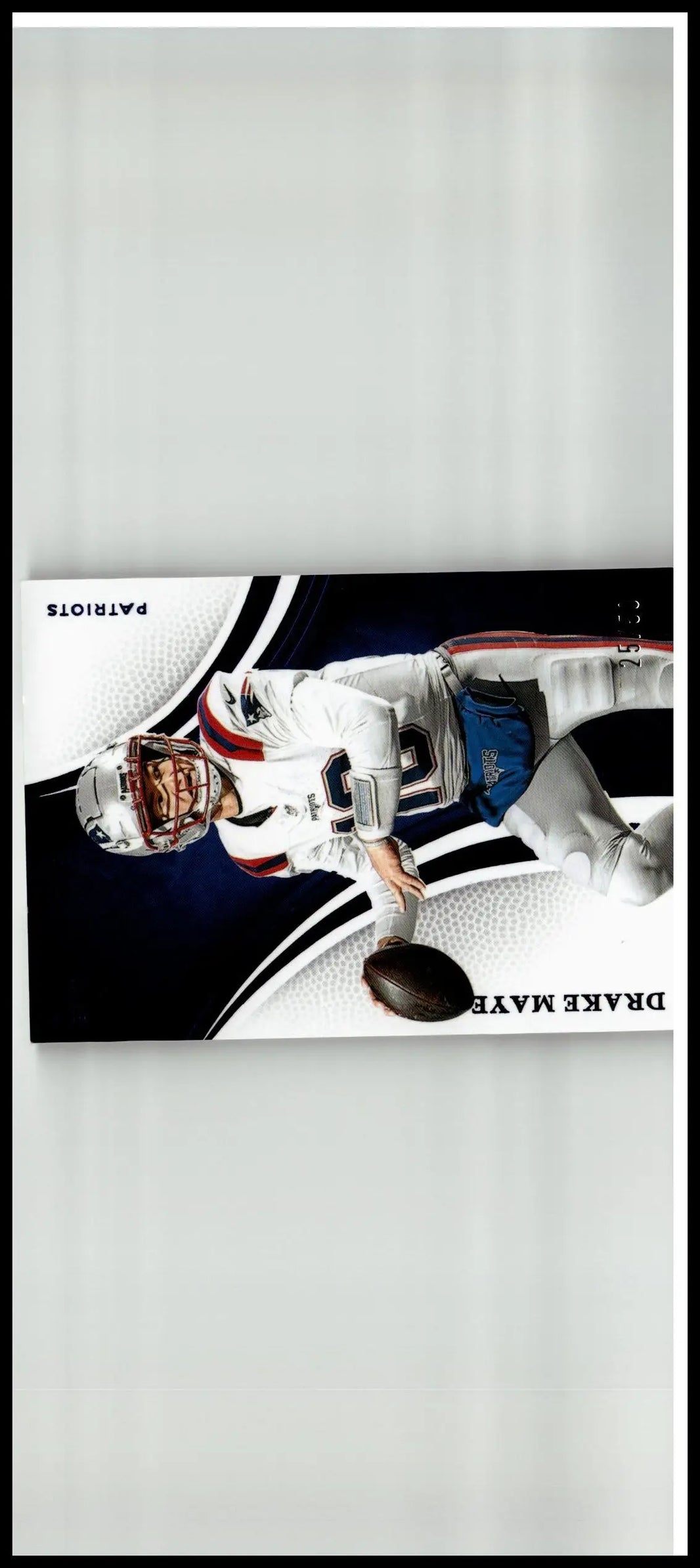 A rectangular blue drake maye sports trading card from the 2025 panini immaculate collection featuring new england patriots uniform