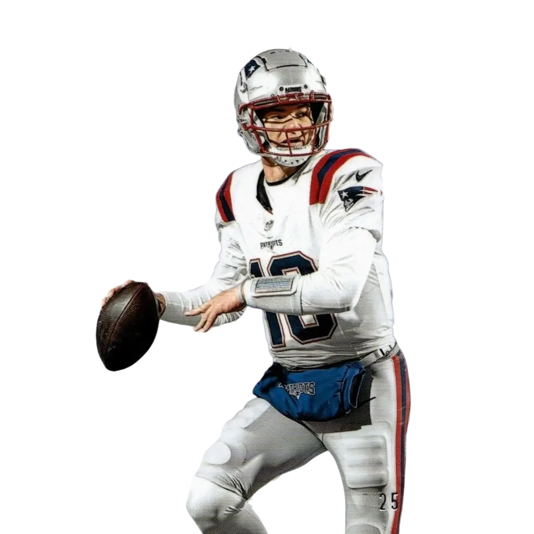 Silver and red helmet with face mask worn by drake maye in new england patriots uniform in 2025 panini immaculate collection maye blue card