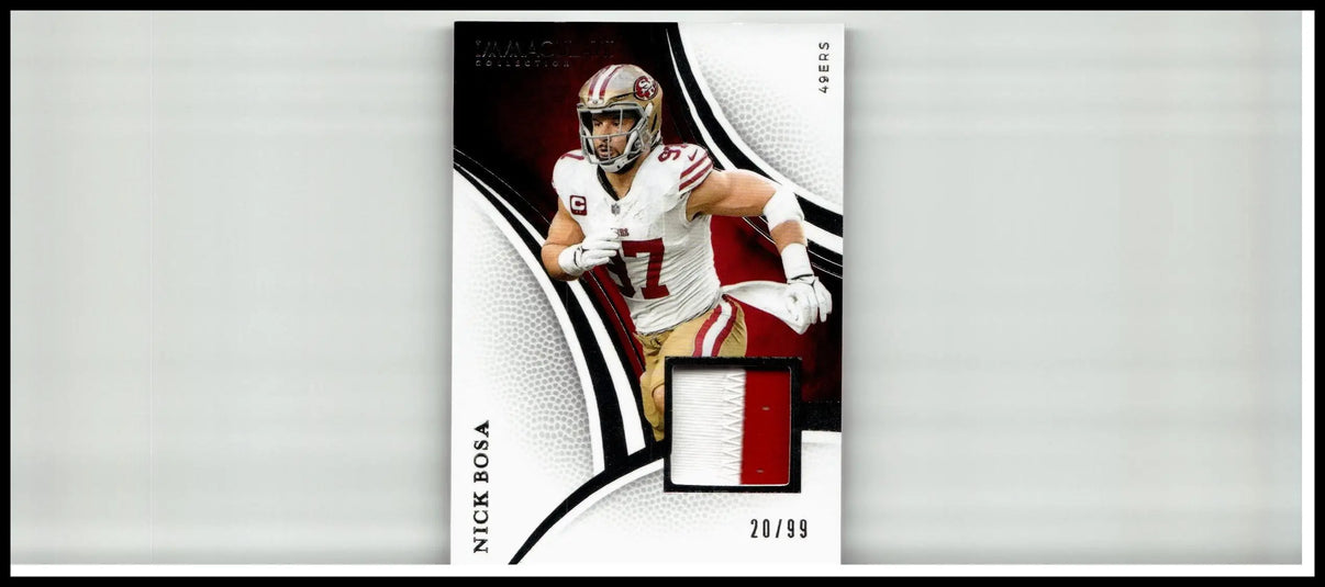 2025 panini immaculate collection nick bosa jersey card white gold with red accents and game-used fabric patch