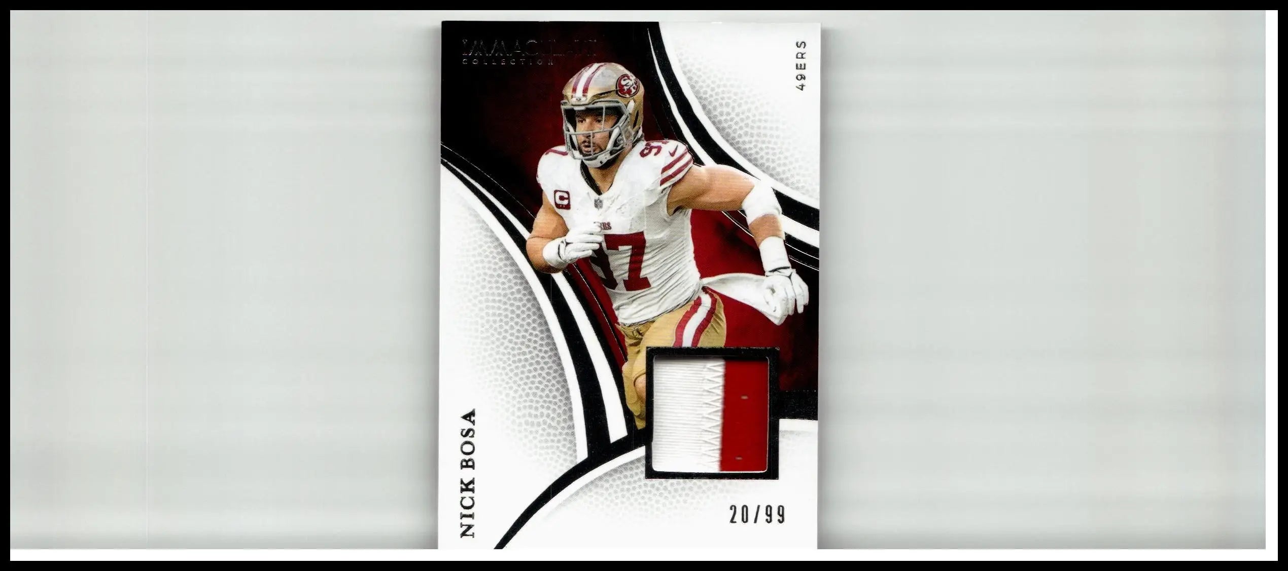 2025 panini immaculate collection nick bosa jersey card white gold with red accents and game-used fabric patch
