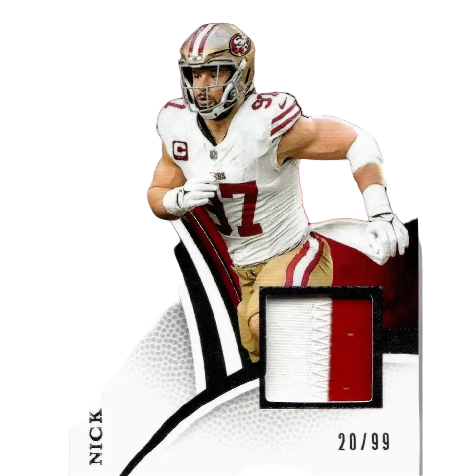 2025 panini immaculate collection #95 nick bosa limited edition trading card with gold white and red jersey and helmet design