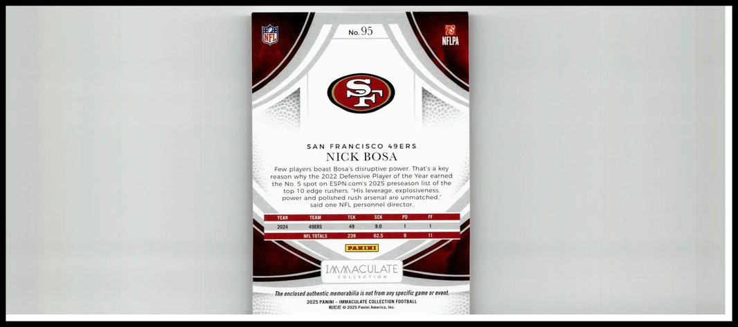 2025 panini immaculate collection #95 nick bosa nfl trading card with white maroon design and 49ers logo at top
