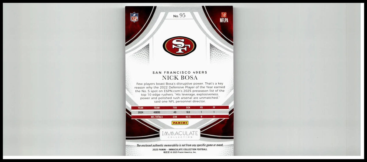 2025 panini immaculate collection #95 nick bosa nfl trading card with white maroon design and 49ers logo at top