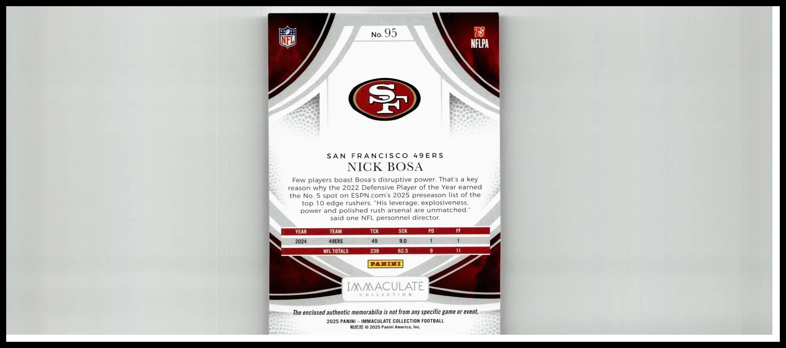 2025 panini immaculate collection #95 nick bosa nfl trading card with white maroon design and 49ers logo at top