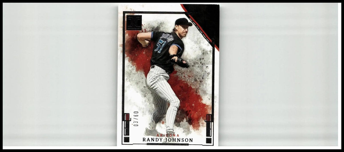 Black and white 2025 panini impeccable randy johnson silver baseball card featuring dynamic pitching pose with red splatter