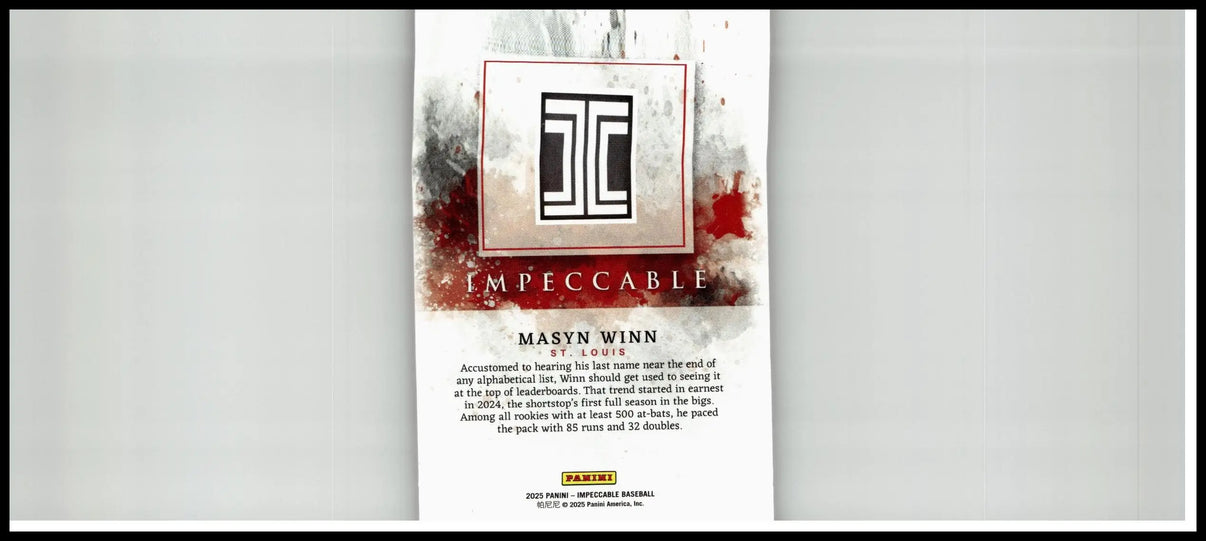 White baseball trading card featuring masyn winn holo silver with black tc logo and red splatter from 2025 panini impeccable