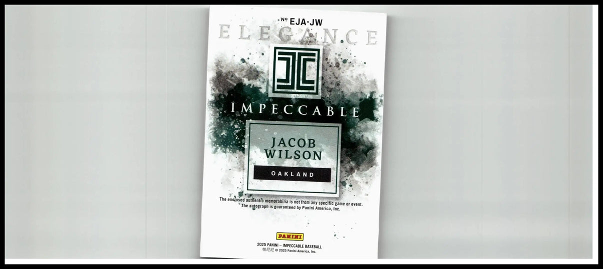 Elegance impeccable jacob wilson oakland baseball card by panini with black and white splattered ink design jersey autograph