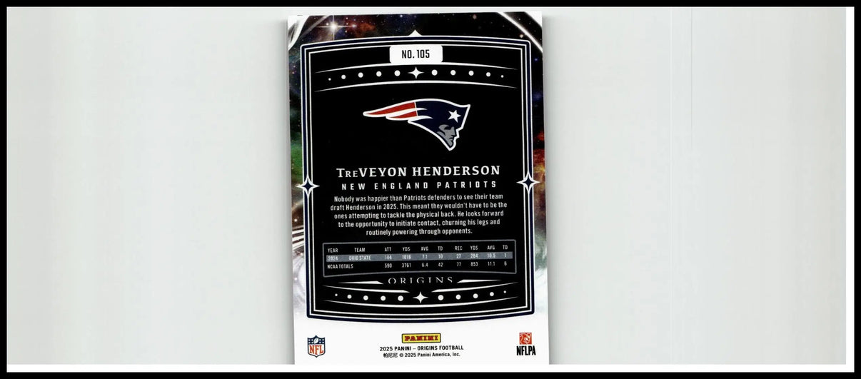 Black and silver panini origins football trading card featuring treveyon henderson with glossy finish and starry background