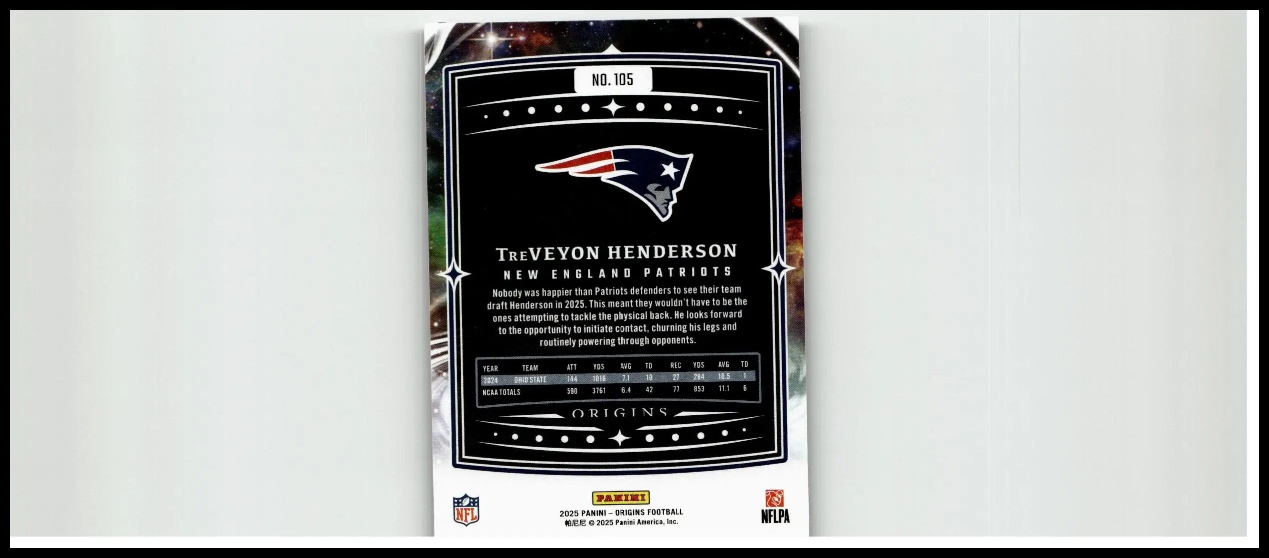 Black and silver panini origins football trading card featuring treveyon henderson with glossy finish and starry background