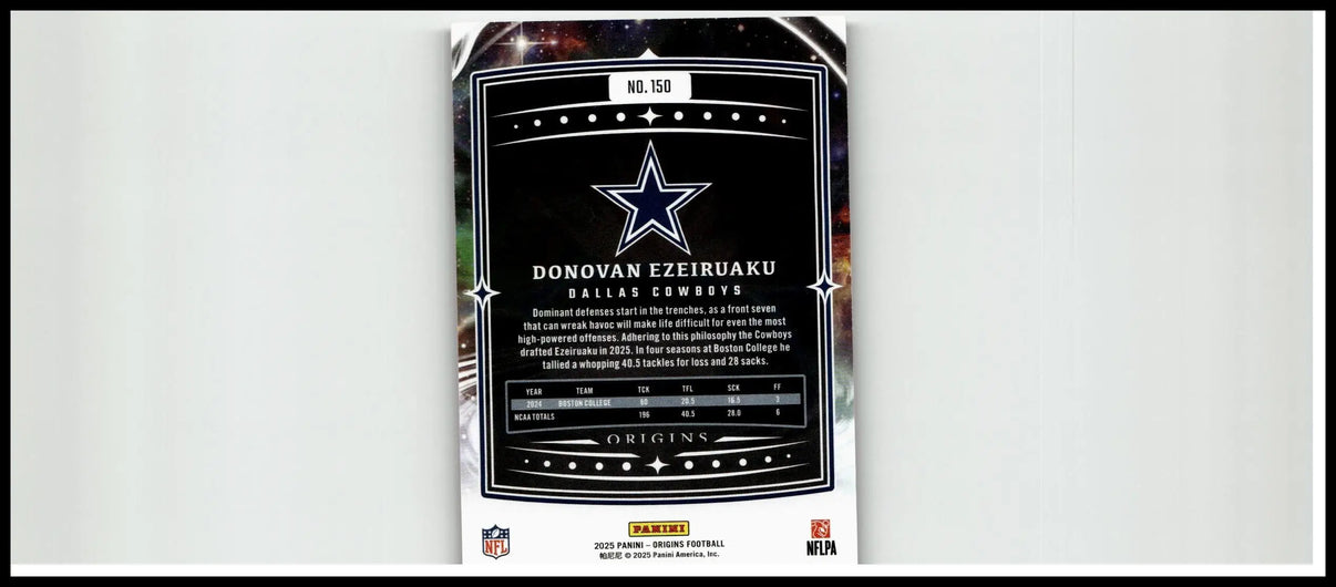 Black and silver 2025 panini origins #150 donovan ezeiruaku holo red football trading card featuring dallas cowboys logo