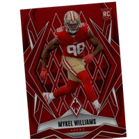 Red and gold 2025 panini phoenix mykel williams red seismic prizm rookie card number 164 jersey 98 limited 99