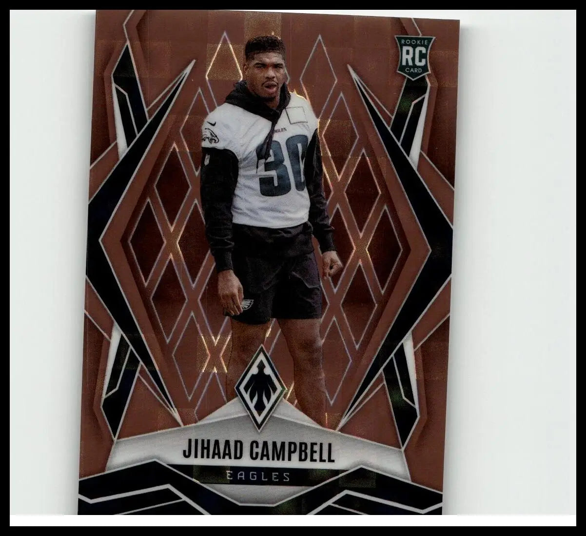 Brown and black geometric-patterned 2025 panini phoenix jihaad campbell bronze pandora prizm rookie card #/125