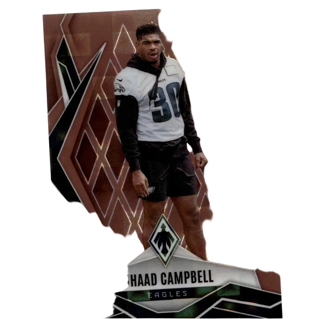 A brown and black geometric pattern 2025 panini phoenix jihaad campbell bronze pandora prizm rookie card in white eagles jersey