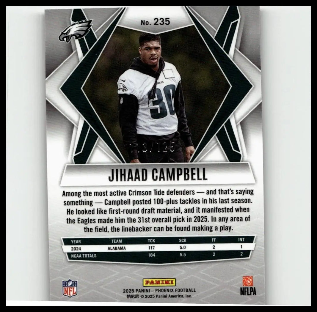 Philadelphia Eagles football card 2025 Panini Phoenix #235 featuring jihaad campbell bronze pandora prizm jersey number 30