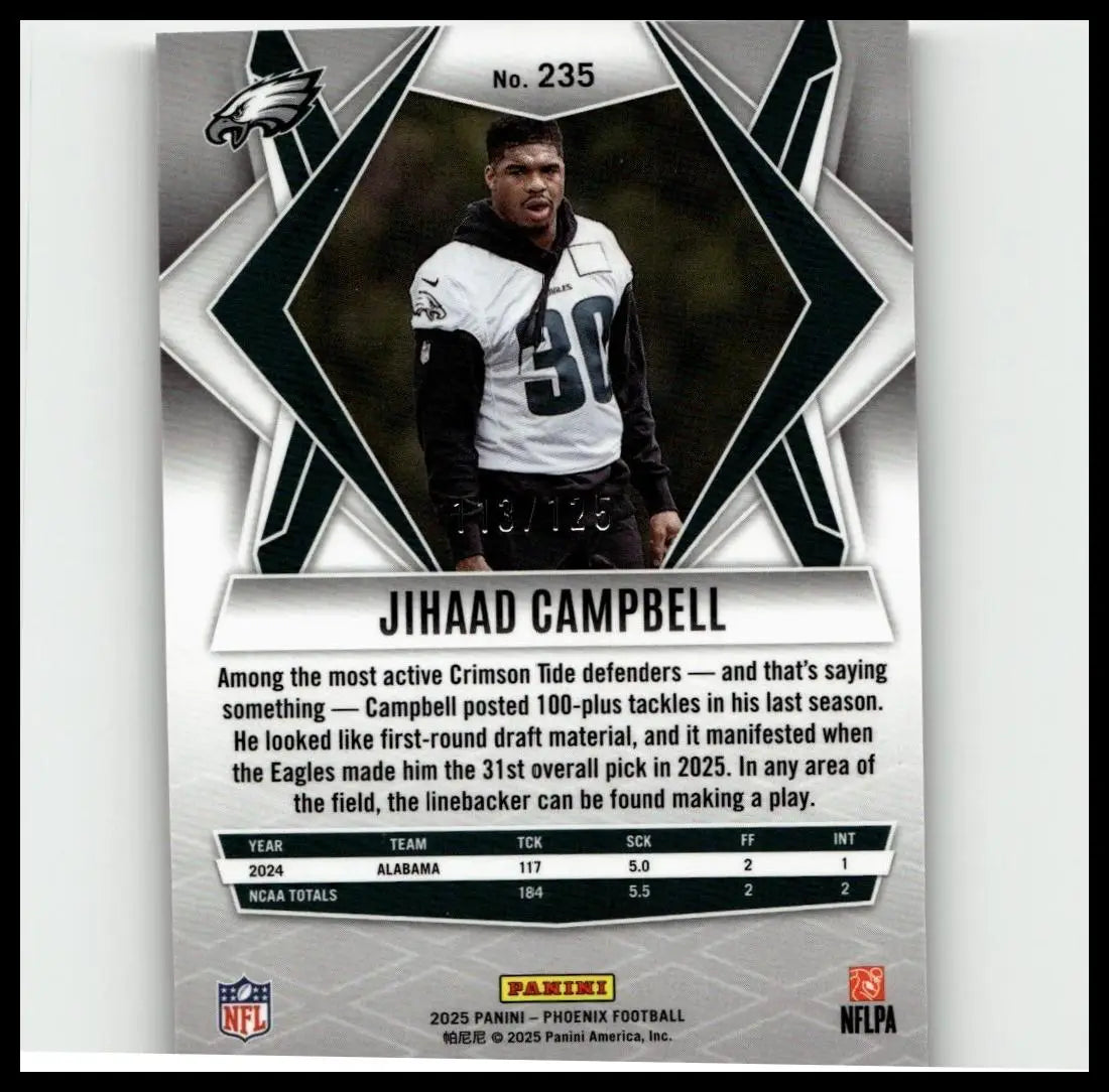 Philadelphia Eagles football card 2025 Panini Phoenix #235 featuring jihaad campbell bronze pandora prizm jersey number 30