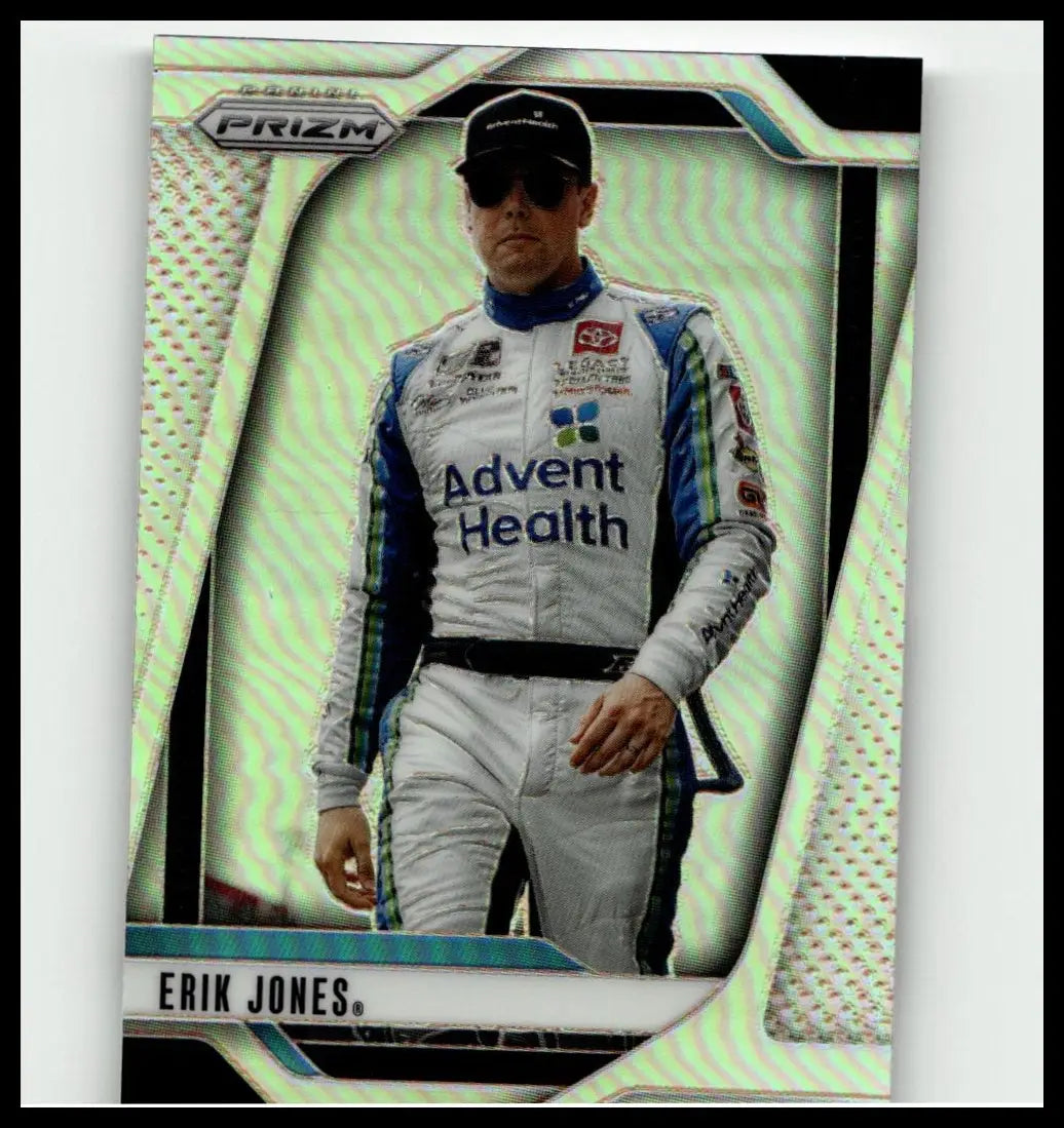 2025 panini prizm #1 erik jones silver card featuring erik jones in a silver and blue advent health racing suit