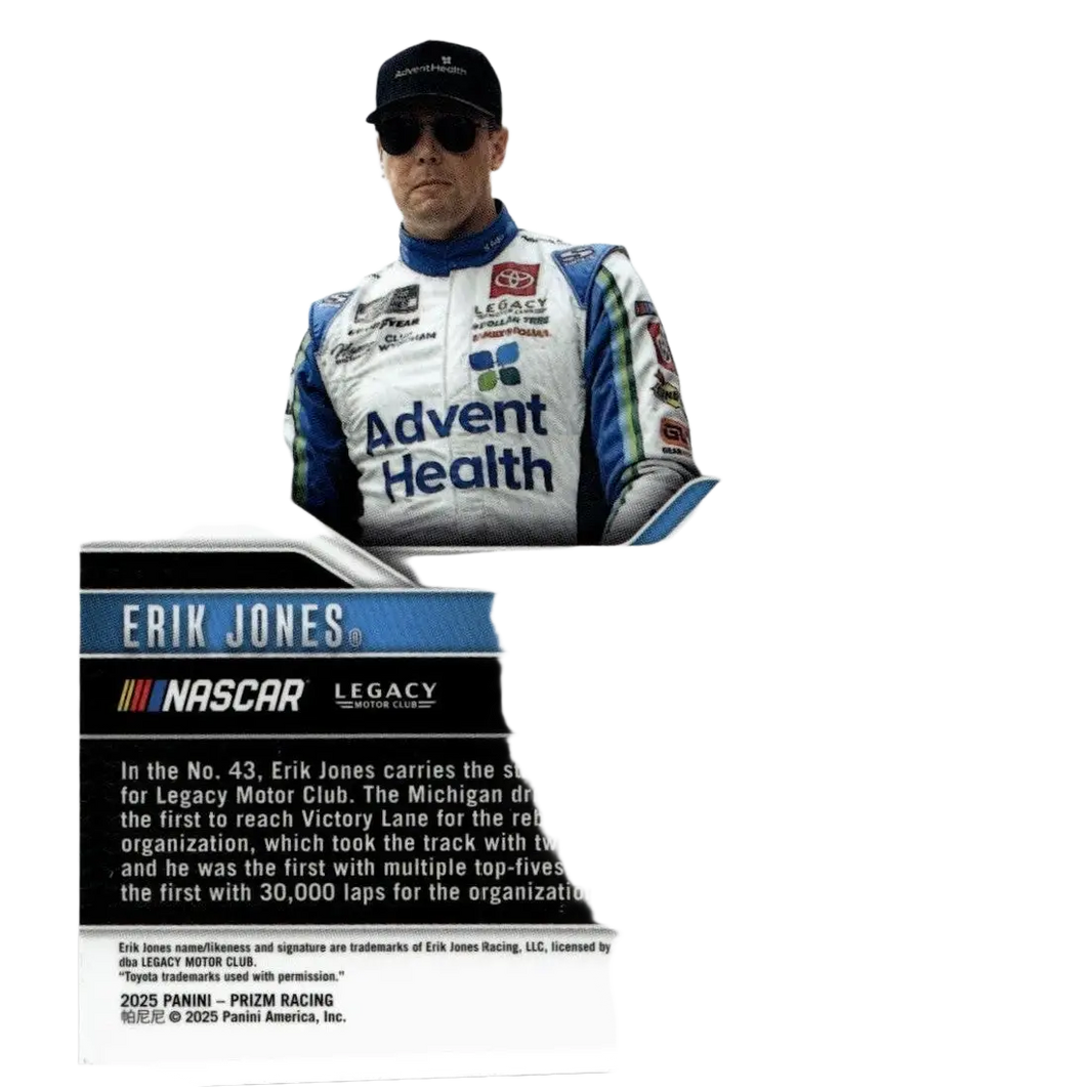 A white blue and black 2025 panini prizm erik jones silver nascar trading card featuring erik jones in racing suit