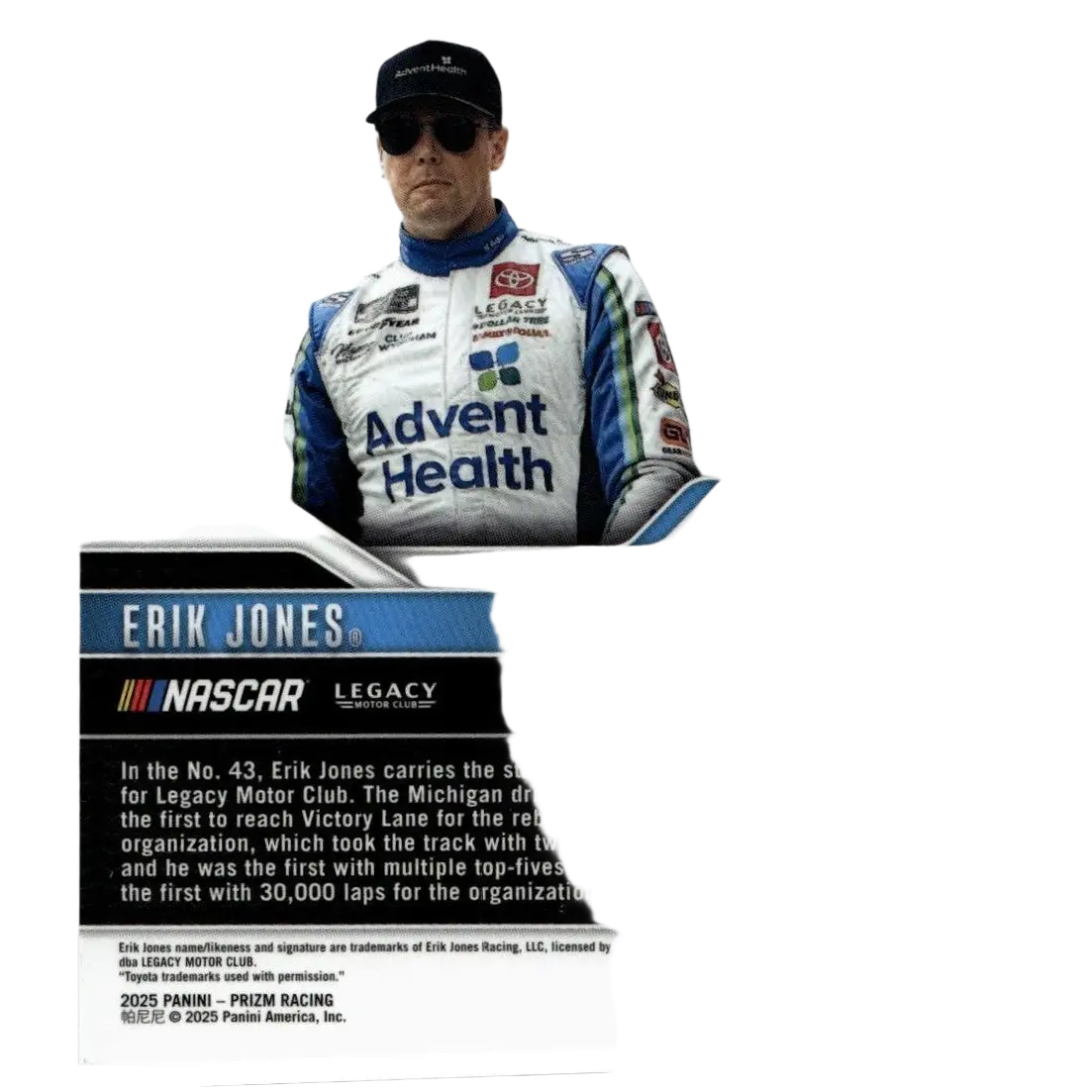A white blue and black 2025 panini prizm erik jones silver nascar trading card featuring erik jones in racing suit