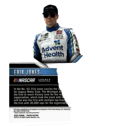 A white blue and black 2025 panini prizm erik jones silver nascar trading card featuring erik jones in racing suit