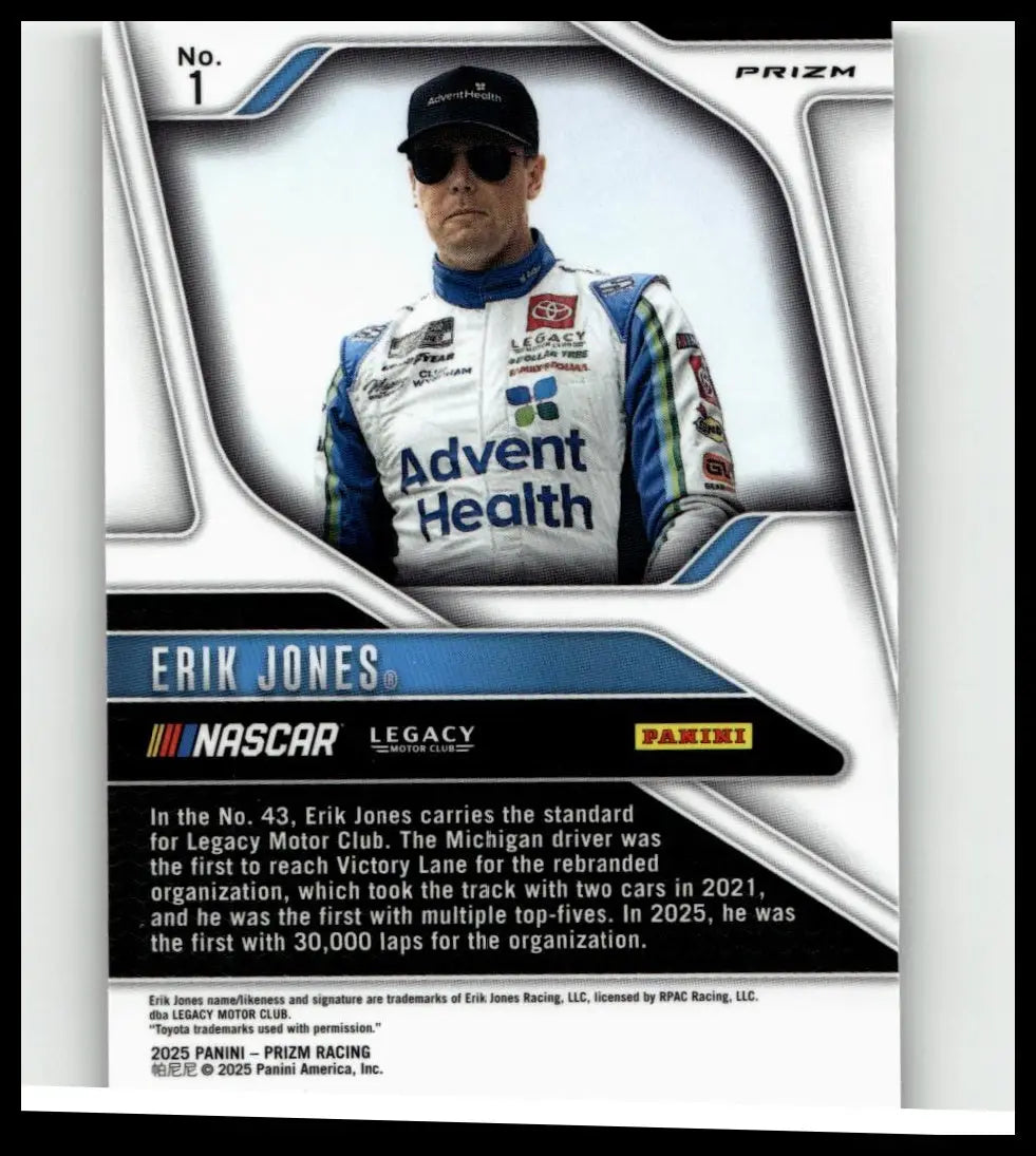 White and blue 2025 panini prizm erik jones silver nascar trading card featuring driver in racing suit with advent health logo