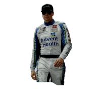 Erik jones silver 2025 panini prizm card featuring erik jones in white and blue advent health racing suit with sunglasses