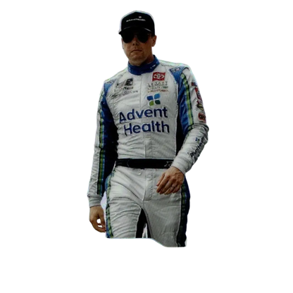 Erik jones silver 2025 panini prizm card featuring erik jones in white and blue advent health racing suit with sunglasses