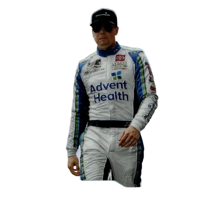 Erik jones silver 2025 panini prizm card featuring erik jones in white and blue advent health racing suit with sunglasses