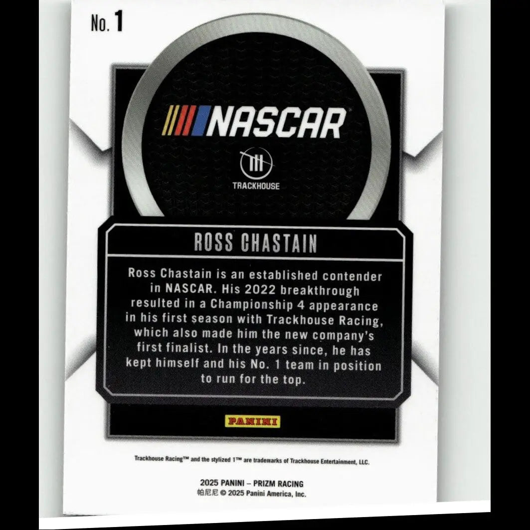 Nascar trackhouse racing trading card 2025 panini prizm #1 ross chastain talisman with black and silver design