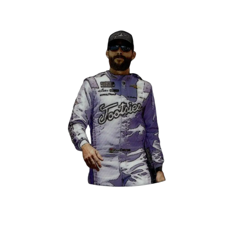 2025 panini prizm trading card featuring ross chastain in a purple and white camouflage racing suit talisman design