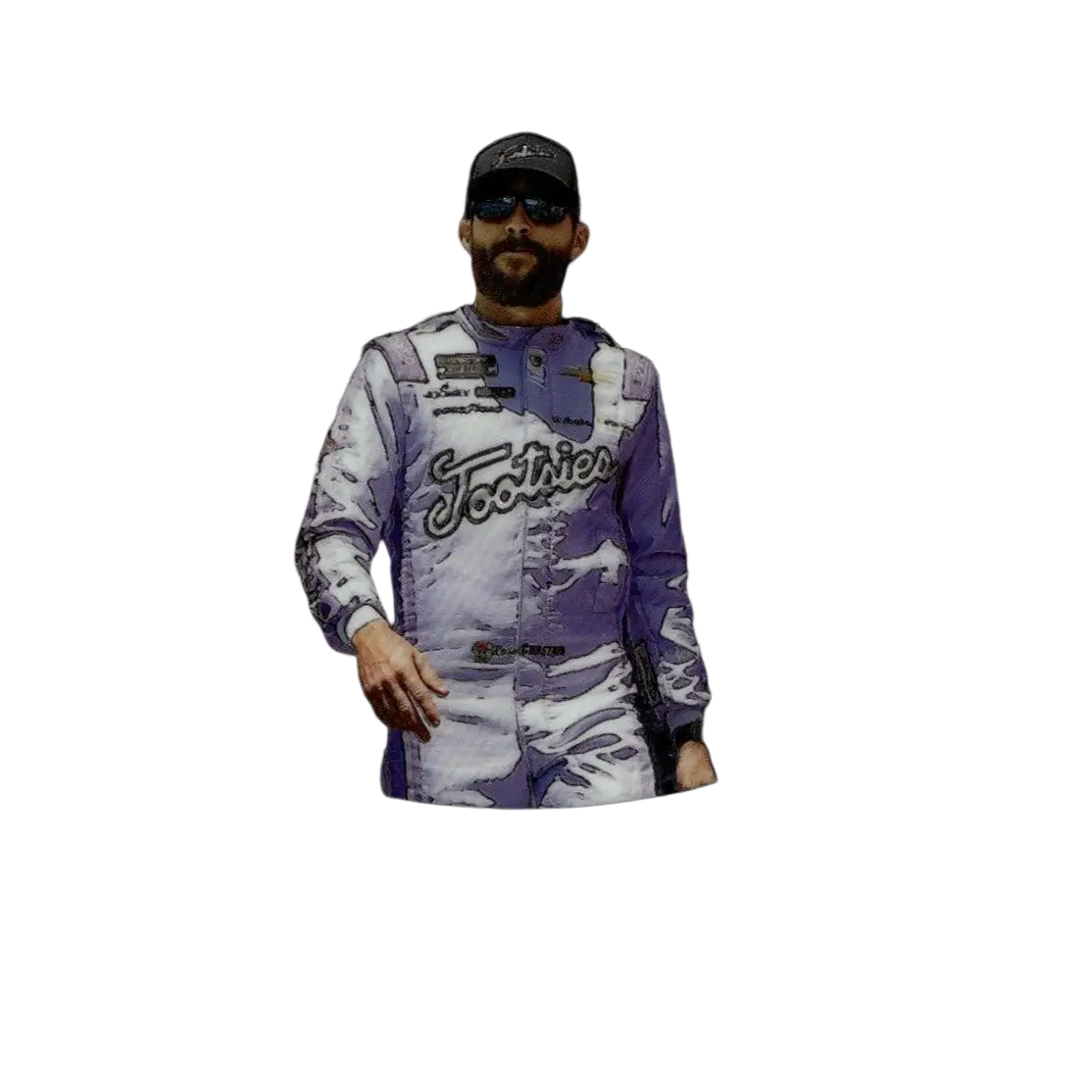 2025 panini prizm trading card featuring ross chastain in a purple and white camouflage racing suit talisman design