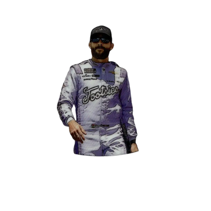 2025 panini prizm trading card featuring ross chastain in a purple and white camouflage racing suit talisman design