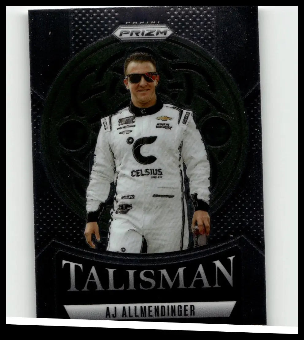 Black and white panini prizm trading card of aj allmendinger in white racing suit featuring allmendinger talisman logos