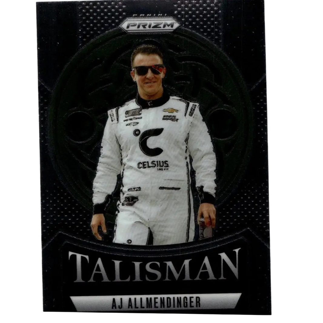 Black and white panini prizm nascar trading card featuring aj allmendinger in racing suit allmendinger talisman
