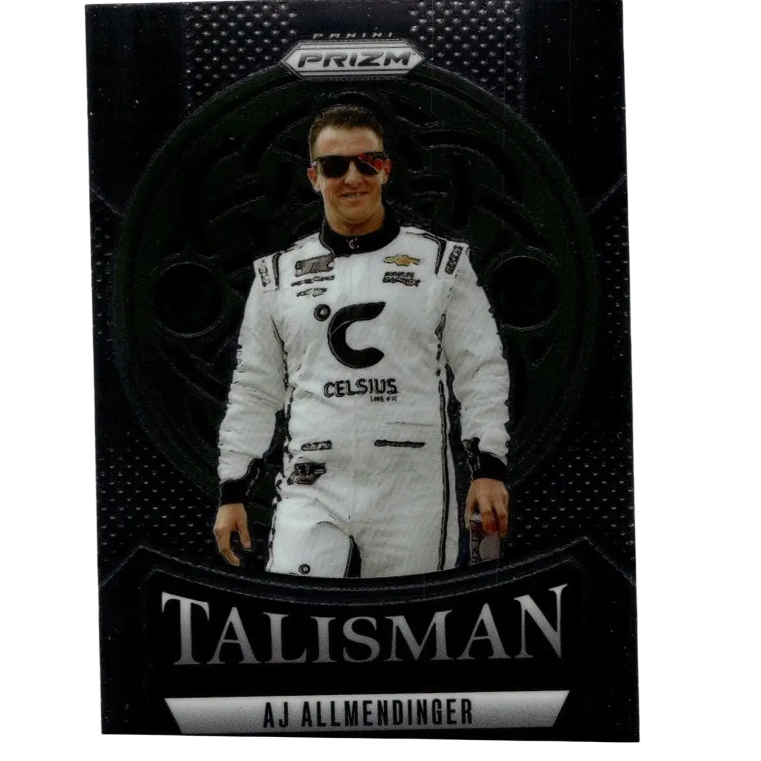 Black and white panini prizm nascar trading card featuring aj allmendinger in racing suit allmendinger talisman