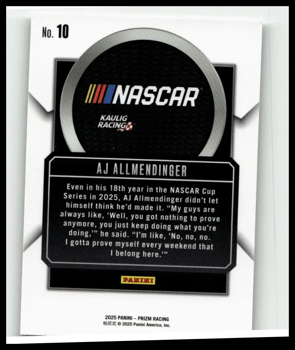 Black and silver Panini Prizm Nascar trading card featuring AJ Allmendinger talisman with textured circular design