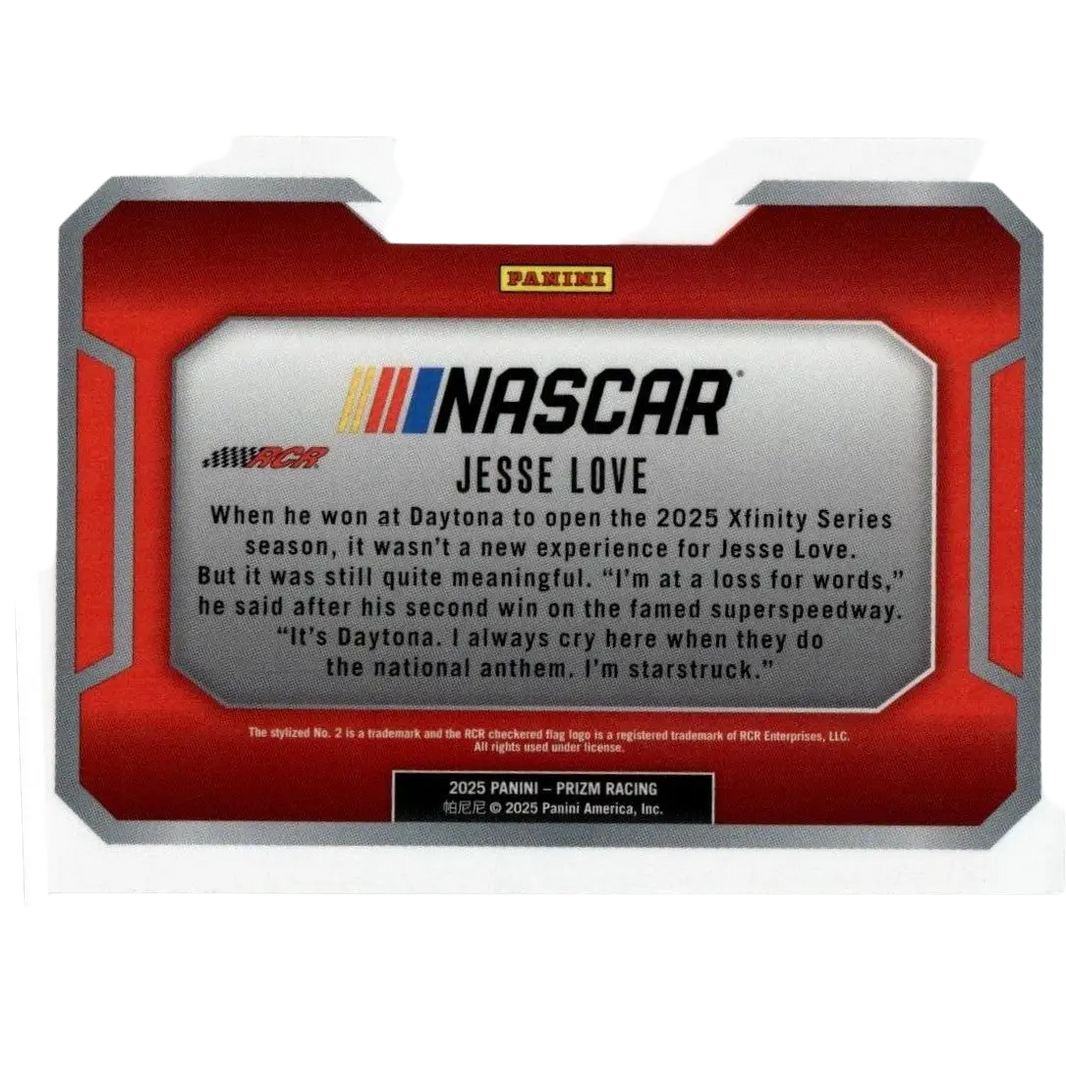 Red and silver panini prizm racing card featuring jesse love victory lane numbered 10 from the 2025 series