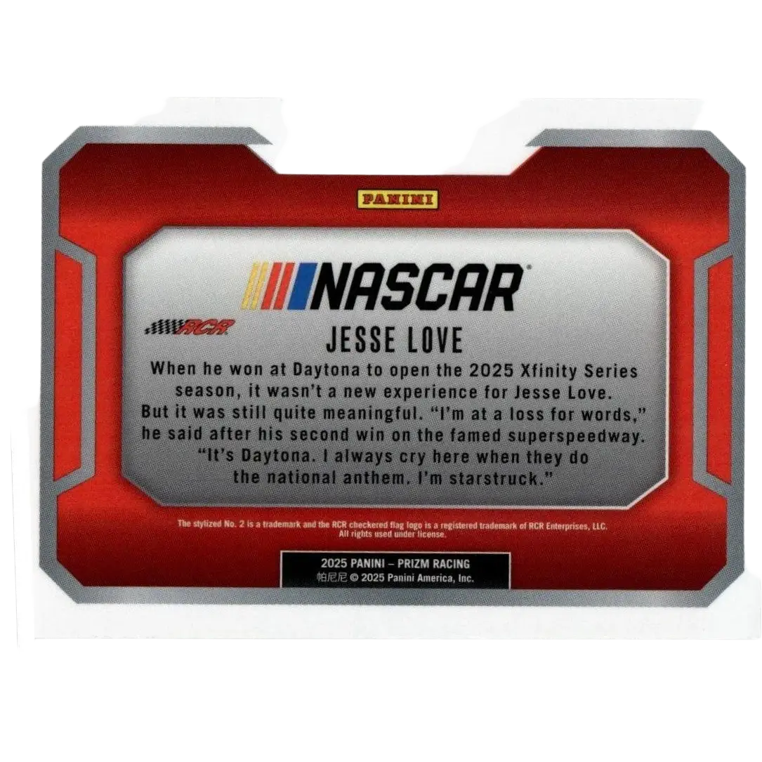 Red and silver panini prizm racing card featuring jesse love victory lane numbered 10 from the 2025 series