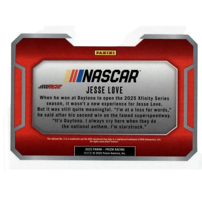Red and silver panini prizm racing card featuring jesse love victory lane numbered 10 from the 2025 series