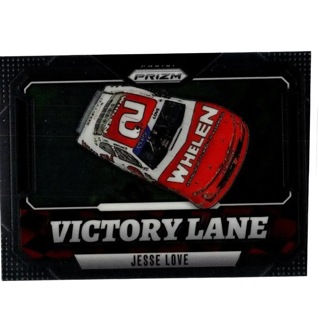Red and white nascar race car number 2 with whelen branding featured in 2025 panini prizm jesse love victory lane card