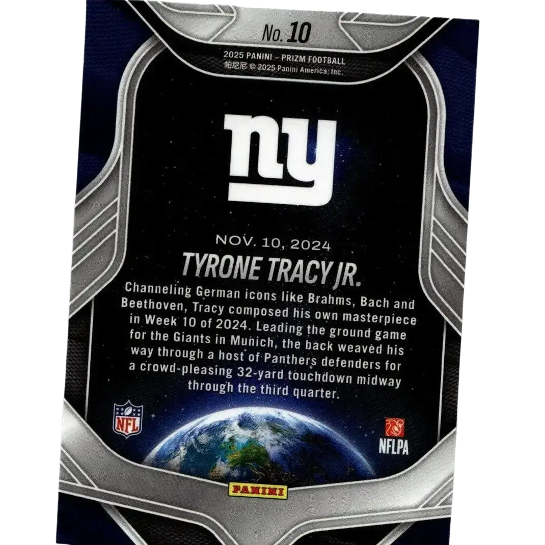 2025 panini prizm football card featuring tyrone tracy jr. with dark blue silver design and 2024 week 10 stats global reach