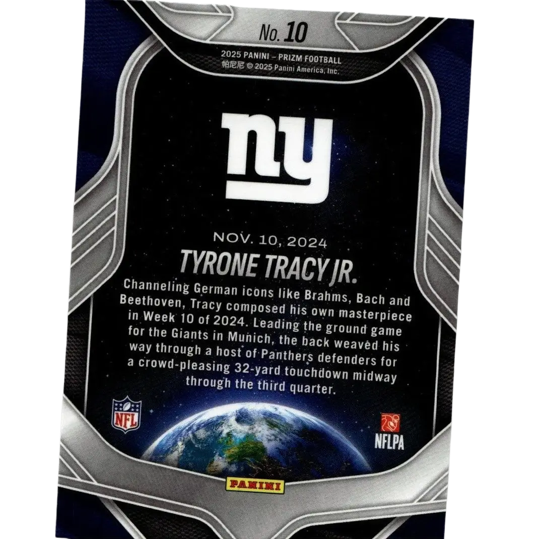 Dark blue and silver 2025 panini prizm football card featuring tyrone tracy jr and the new york giants global reach design