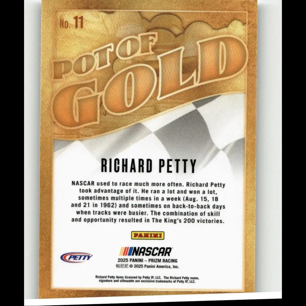 Gold-colored richard petty pot of gold trading card with checkered flag design from 2025 panini prizm series