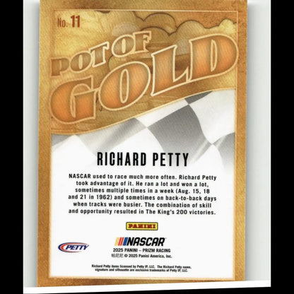 Gold-colored richard petty pot of gold trading card with checkered flag design from 2025 panini prizm series