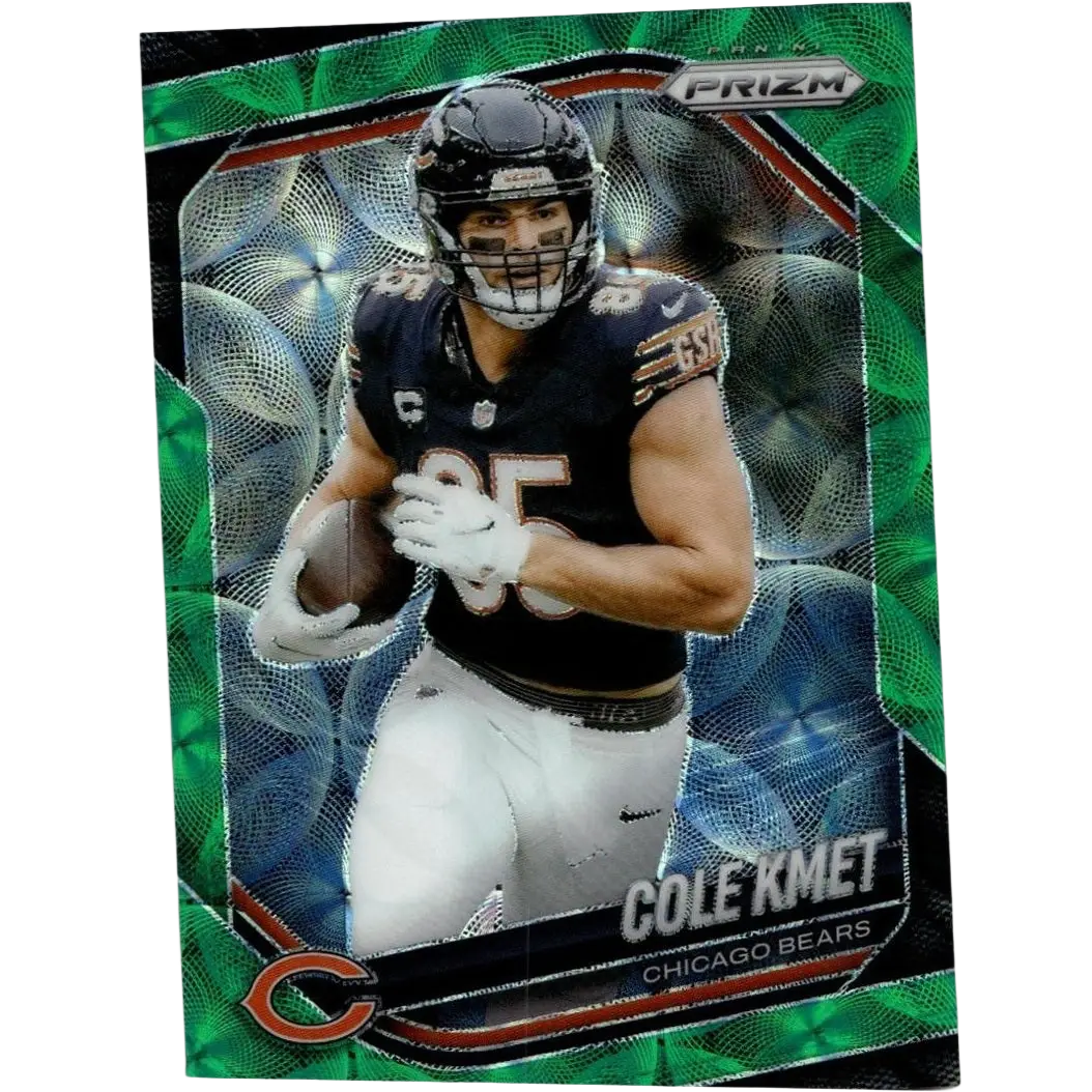 Green and black 2025 panini prizm cole kmet green scope football trading card numbered out of 75