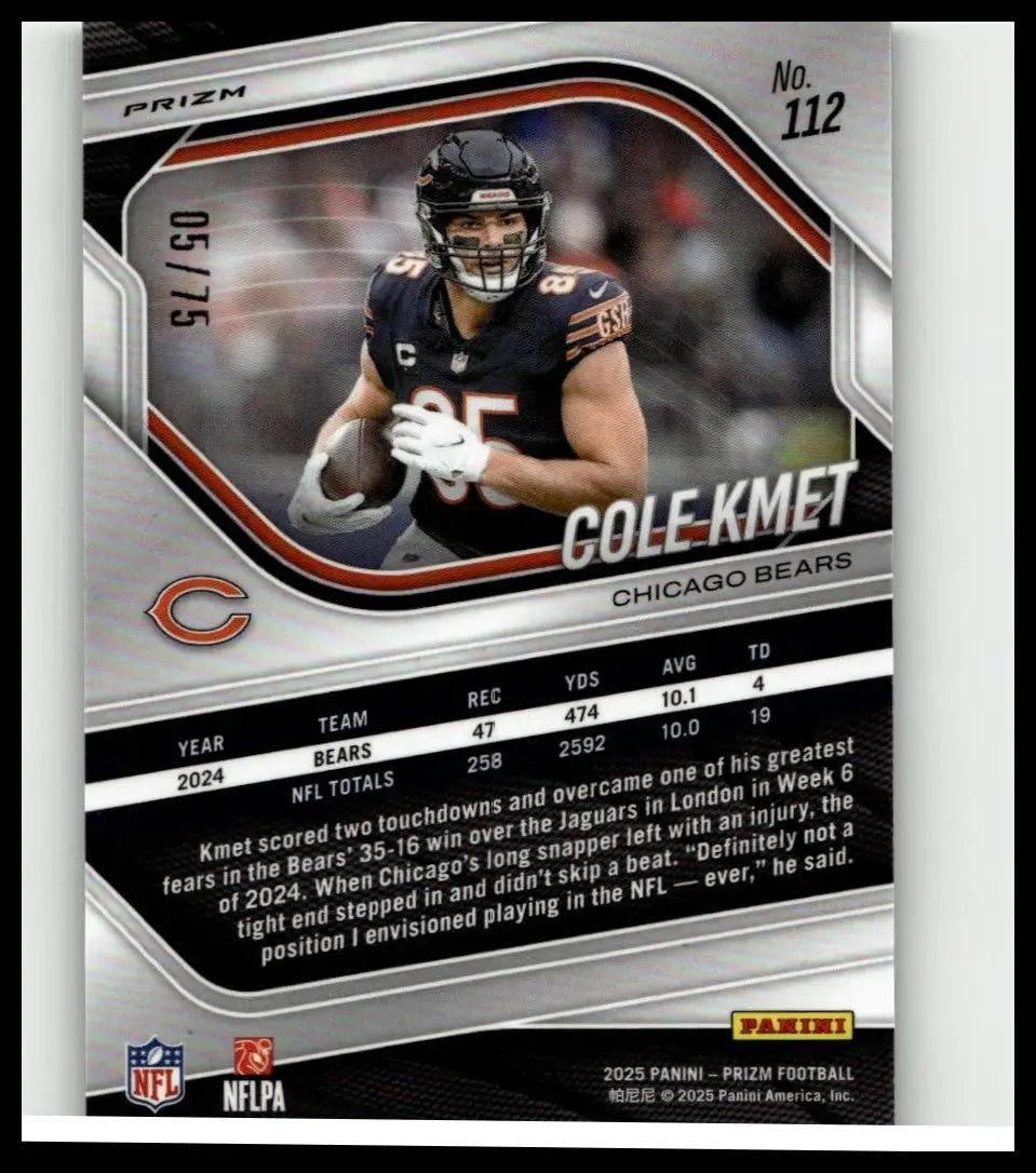 Black and orange chicago bears football trading card of cole kmet in navy jersey 2025 panini prizm cole kmet green scope