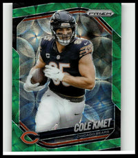 Green and black prizm football trading card featuring cole kmet in chicago bears uniform 2025 panini prizm cole kmet green scope
