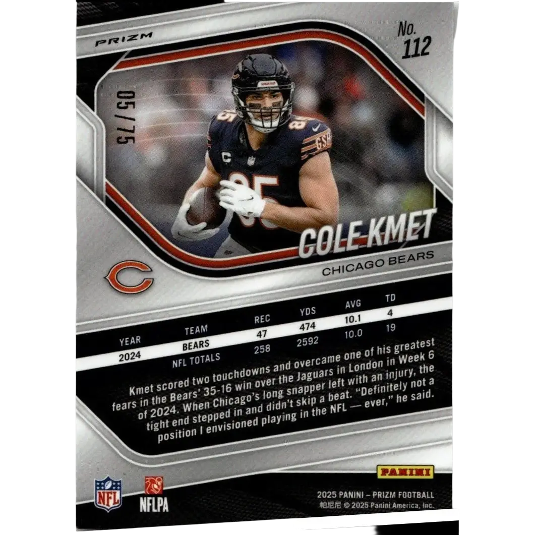 Silver and black chicago bears cole kmet football trading card 2025 panini prizm kmet green scope #112 limited to 75