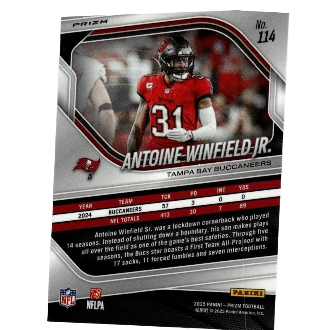 Red and silver 2025 Panini Prizm football trading card featuring Antoine Winfield Jr. action figure collectible