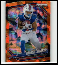Orange and blue prism-effect 2025 panini prizm #116 khalil shakir orange ice football trading card in buffalo bills uniform