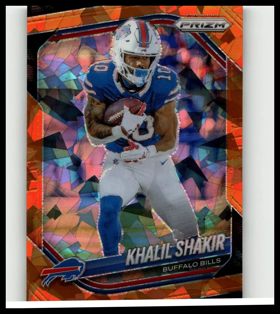 Orange and blue prism-effect 2025 panini prizm #116 khalil shakir orange ice football trading card in buffalo bills uniform